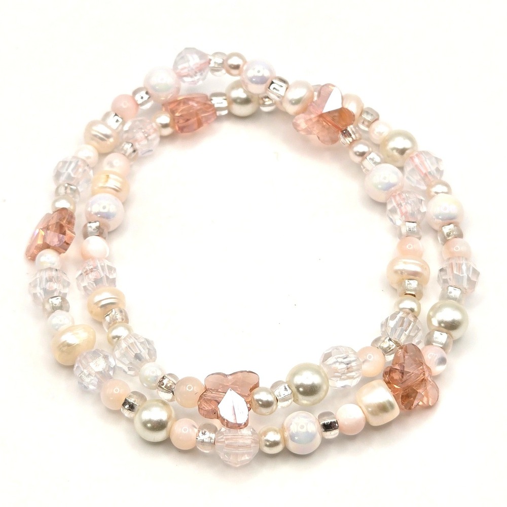 Crystal Butterfly Freshwater Pearl Stretch Wrap Beaded Bracelet  7 Inch Handmade